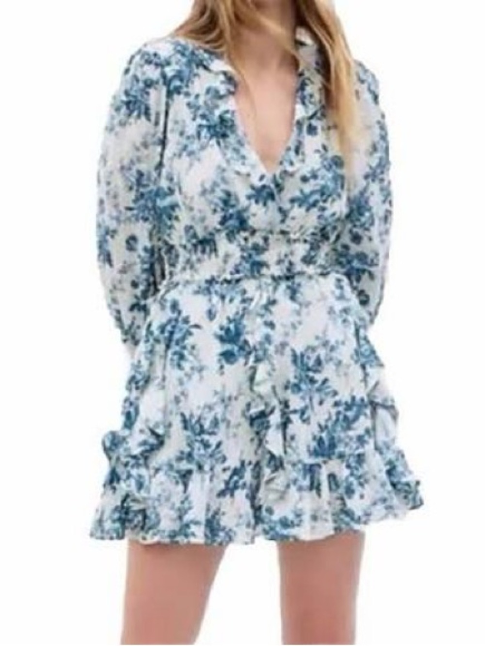 LoveShackFancy Blue and White Floral Ruffle Mini Dress